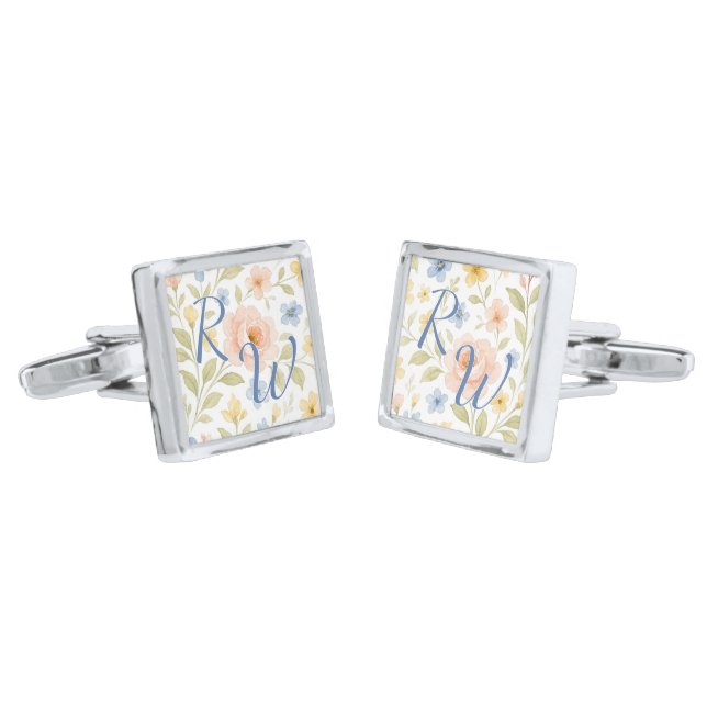 Classy Chic Cufflinks With Pastel Floral Art (Angled)