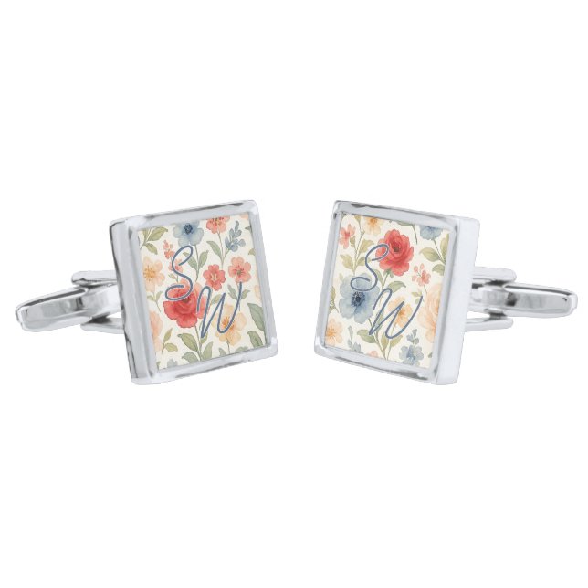 Classy Chic Cufflinks With Pastel Floral Art (Angled)