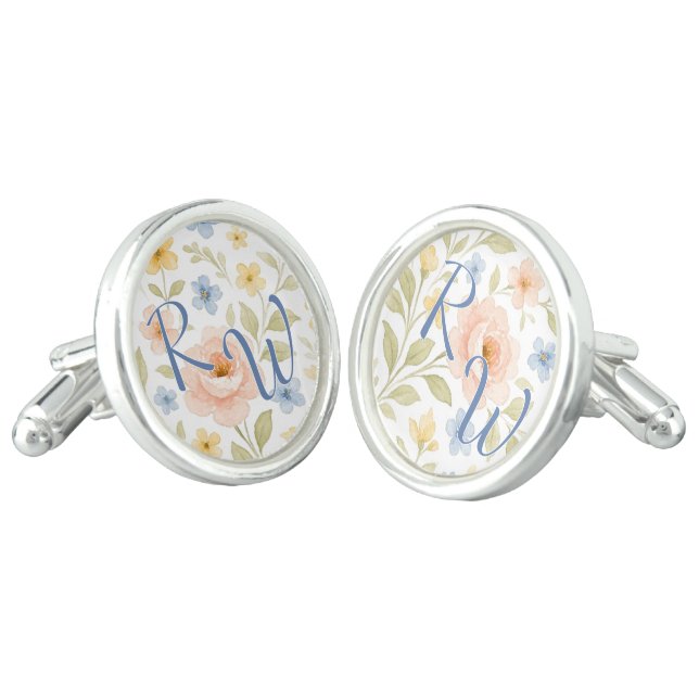 Classy Chic Cufflinks With Pastel Floral Art (Angled)