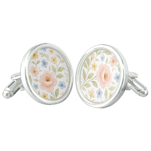 Classy Chic Cufflinks With Pastel Floral Art (Angled)
