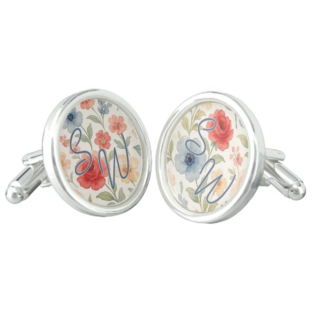 Classy Chic Cufflinks With Pastel Floral Art (Angled)