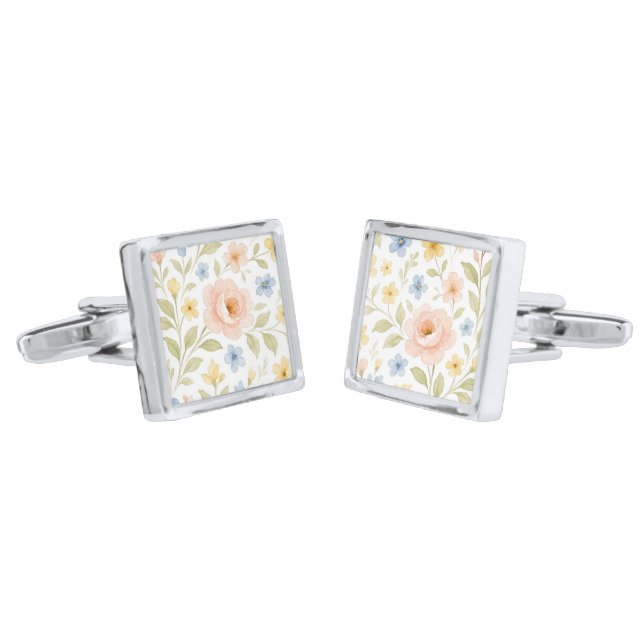 Classy Chic Cuflinks With Unique Pastel Floral Art Cufflinks (Angled)
