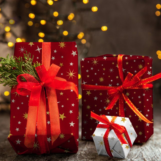 Classy Chic Elegant Gold Silver Red Christmas Star Wrapping Paper Sheets (Creator Uploaded)