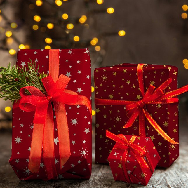 Classy Chic Elegant Gold Silver Red Christmas Star Wrapping Paper Sheets (Creator Uploaded)