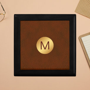 Classy Chic Faux Brown Leather & Gold Initial Name Gift Box