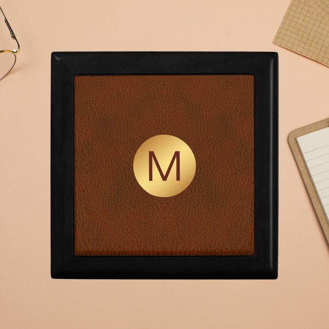 Classy Chic Faux Brown Leather & Gold Initial Name Gift Box (Creator Uploaded)