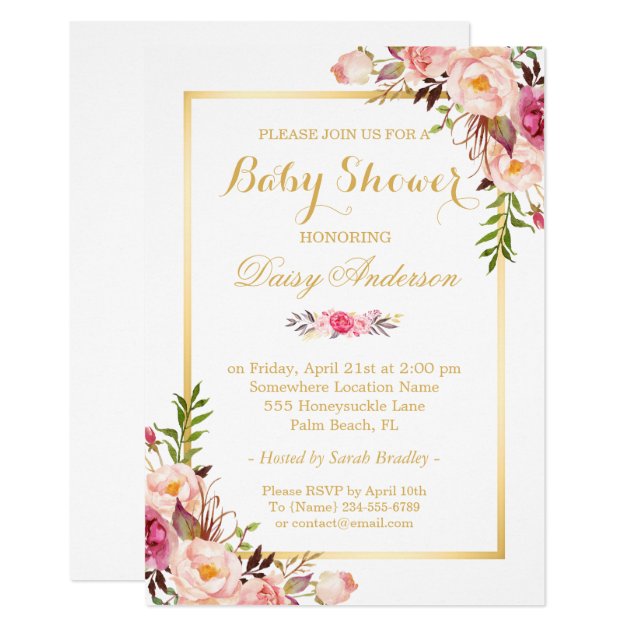 Classy Chic Floral Golden Frame Baby Shower Invitation