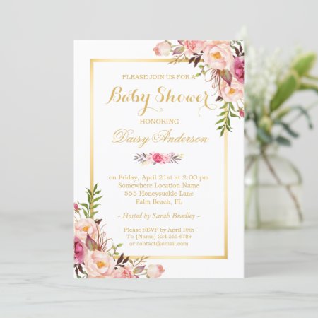 Classy Chic Floral Golden Frame Baby Shower Invitation