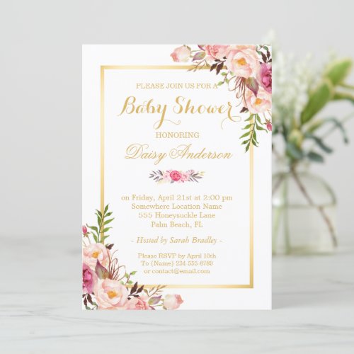 Classy Chic Floral Golden Frame Baby Shower Card