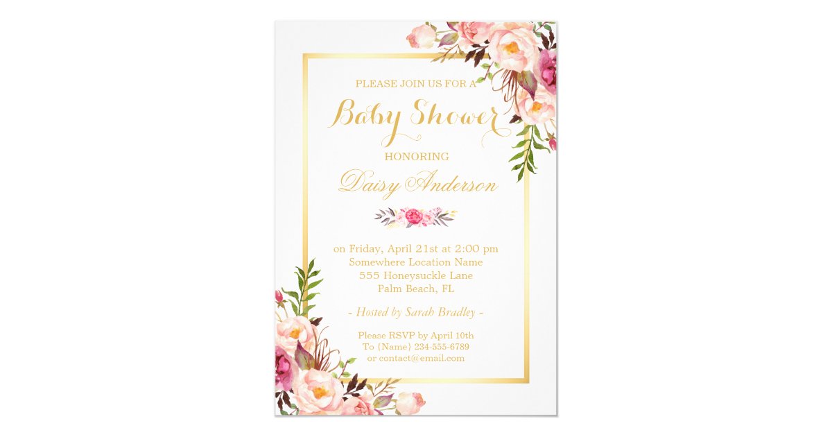 Classy Chic Floral Golden Frame Baby Shower Invitation Zazzle Com