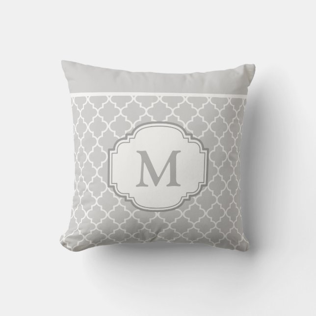 Classy Chic Gray White Moroccan Pattern Monogram Throw Pillow (Front)