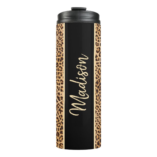 Classy Chic Leopard Print Black Brown Personalized Thermal Tumbler (Front)