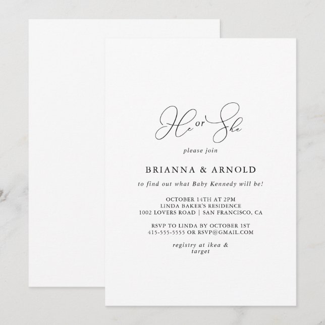 Classy Chic Minimalist He or She Gender Reveal  Invitation (Front/Back)