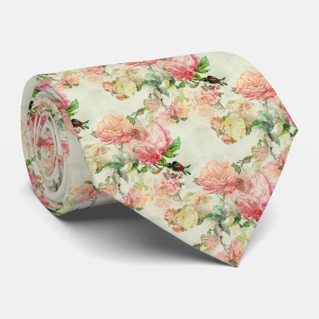 Classy Chic Neck Tie With Antique Roses Pattern (Rolled)