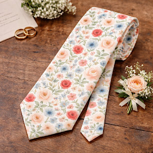 Classy Chic Necktie With Pastel Floral Roses Art