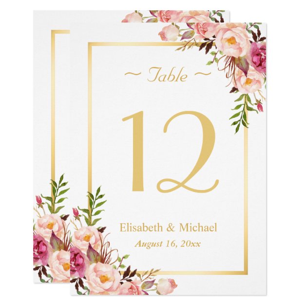 Classy Chic Pink Floral Gold Wedding Table Number