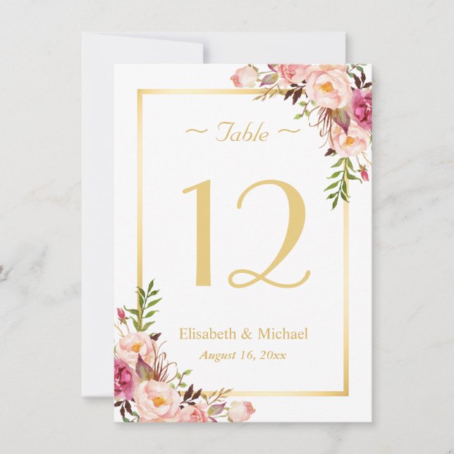 Classy Chic Pink Floral Gold Wedding Table Number (Front)