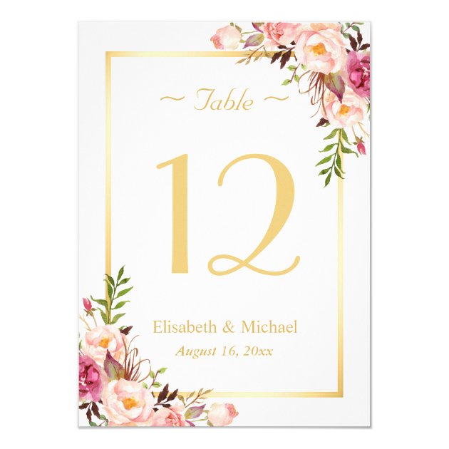 Classy Chic Pink Floral Gold Wedding Table Number