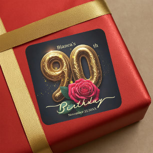 Classy Chic Red Rose Ornate Golden 90th Birthday Square Sticker