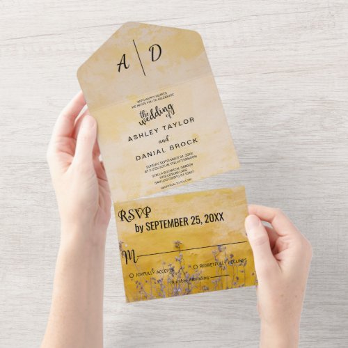 Classy chic rustic yellow dusty floral Wedding All All In One Invitation