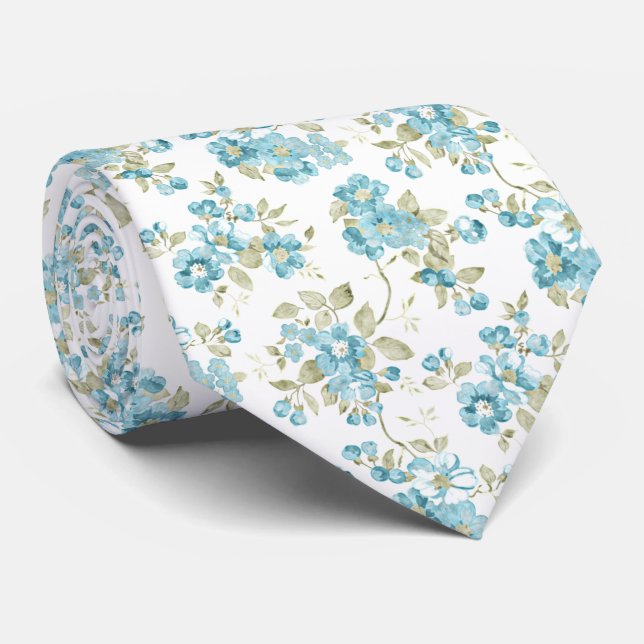 Classy Chic Sage Green Aqua Turquoise Floral Art Neck Tie (Rolled)