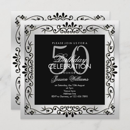 Classy Chic Silver Decorative Framed 50th Birthday Invitation