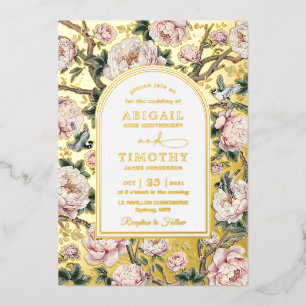 Classy Chinoiserie Pink Peony Floral Birds Wedding Foil Invitation