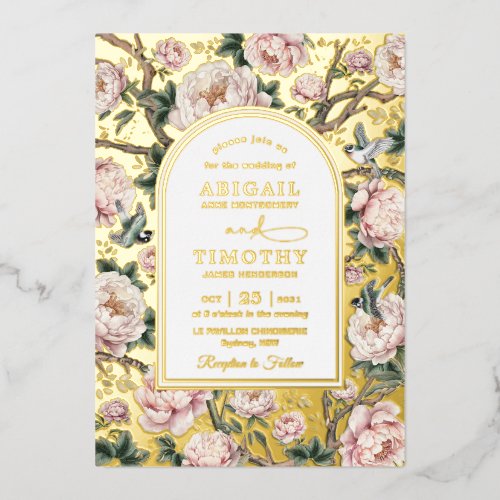 Classy Chinoiserie Pink Peony Floral Birds Wedding Foil Invitation