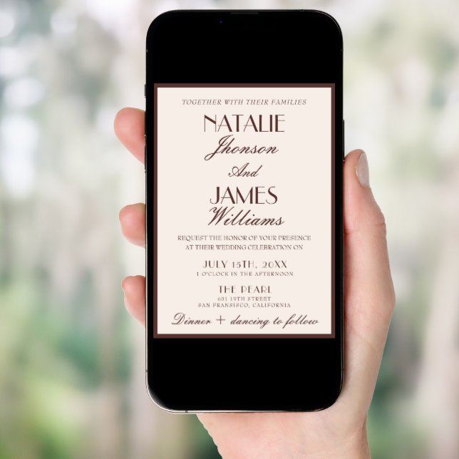 Classy Chocolate Brown Fancy Photo QR Code Wedding Invitation (Front Digital)