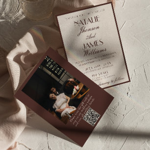 Classy Chocolate Brown Fancy Photo QR Code Wedding Invitation