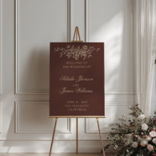 Classy Chocolate Brown Floral Wedding Welcome Sign