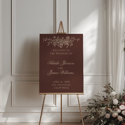 Classy Chocolate Brown Floral Wedding Welcome Sign
