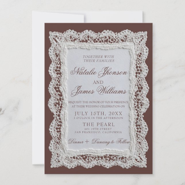 Classy Chocolate Brown Lace Old Money Wedding  Invitation (Front)