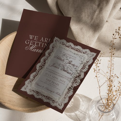 Classy Chocolate Brown Lace Old Money Wedding Invitation
