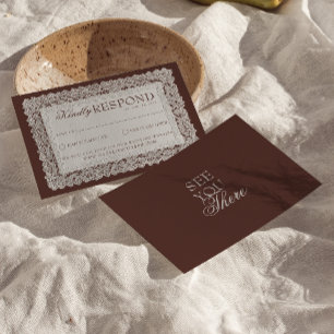Classy Chocolate Brown Lace Old Money Wedding RSVP Card