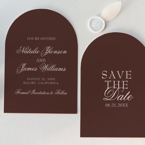 Classy Chocolate Brown Old Money Arched Wedding Save The Date