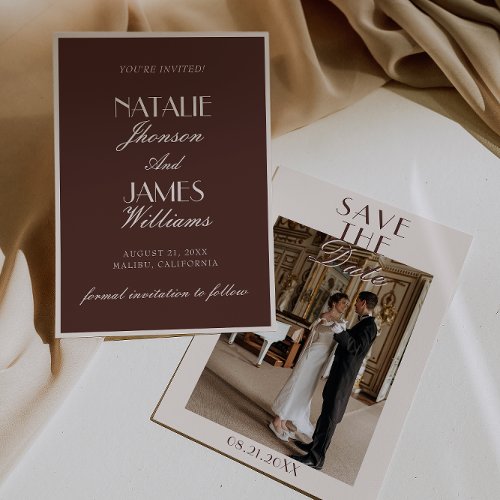 Classy Chocolate Brown Old Money Photo Wedding Save The Date