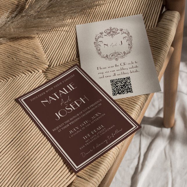 Classy Chocolate Brown Old Money QR Code Wedding Invitation (Creator Uploaded)