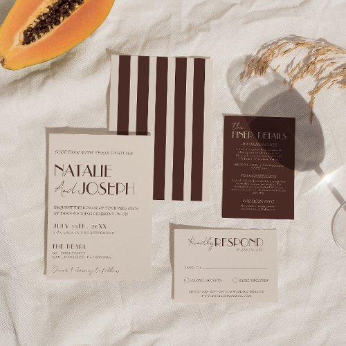 Classy Chocolate Brown Old Money Stripes Wedding Invitation