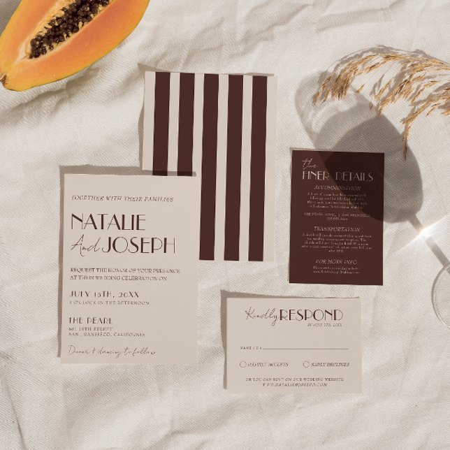 Classy Chocolate Brown Old Money Stripes Wedding  Invitation (Creator Uploaded)