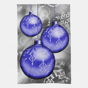Classy Christmas Blue Silver Gray Kitchen Towel