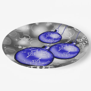 Classy Christmas Blue Silver Gray Paper Plate