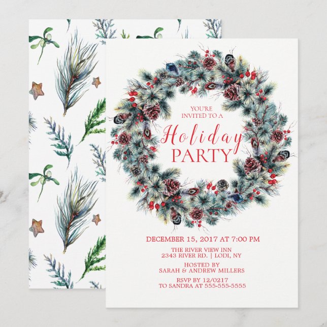 Classy  Christmas Wreath Holiday Party Invitation (Front/Back)