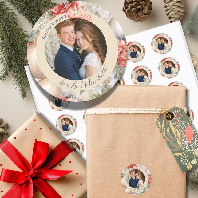 Classy Circle Our First Married Christmas Photo Classic Round Sticker (Creator Uploaded)
