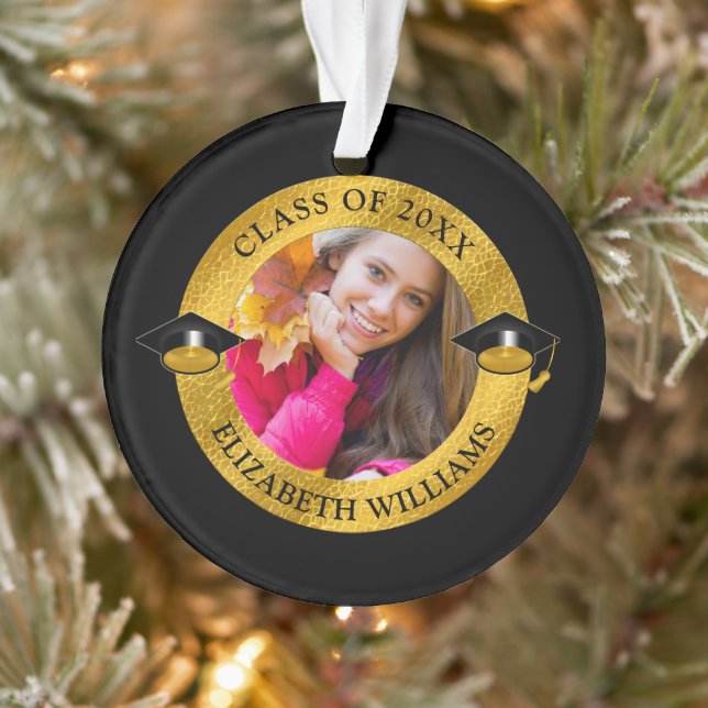Classy Class Year Black | Gold Photo Keepsake Ornament (Tree)
