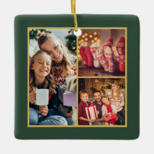 Classy Classic 3 Family Photo Collage Green Gold Ceramic Ornament