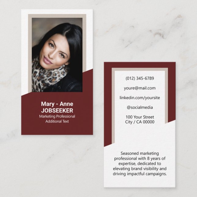 Classy Classic Job Seeker Burgundy Red White Frame Business Card (Front/Back)
