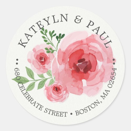 Classy Classic Pink Floral Return Address Wedding Classic Round Sticker