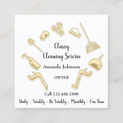 Classy Cleaning Service House Logo Maid Gold White Square Business Card