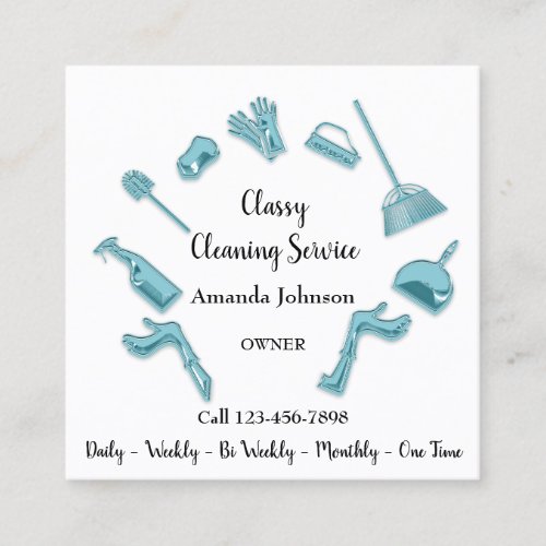 Classy Cleaning Service House Logo Maid Teal Blue Square Business Card